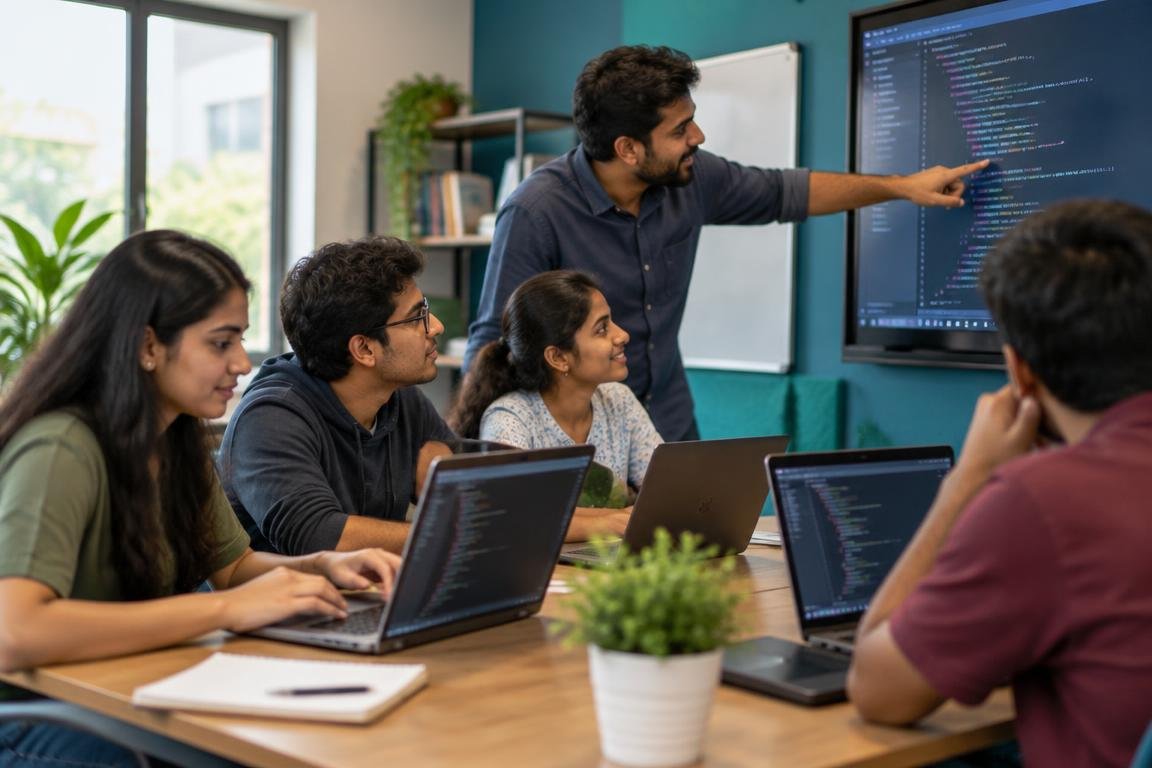 Students coding in a small-group Evolnux training batch